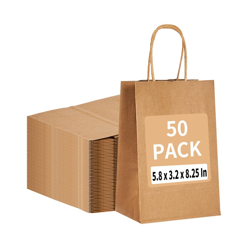 RACETOP 50 Pack Kraft Small Paper Bags with Handles Bulk 58x32x825 Brown Gift Bags for Retail Shopping Birthday Parties Mini Bag for Business Goodies